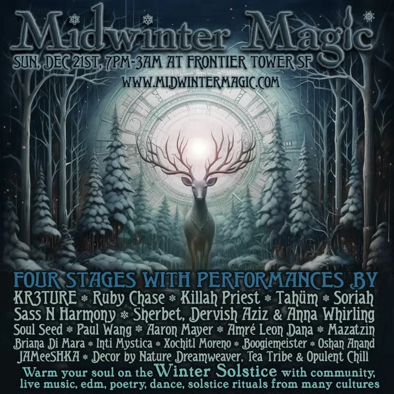 Flyer for Midwinter Magic: World Folk Jam on the Winter Solstice