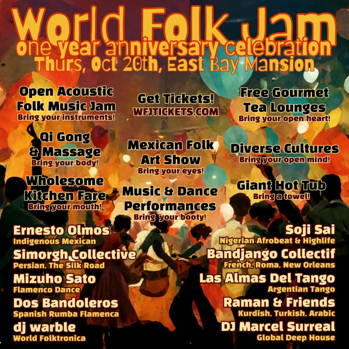 Flyer for 1-Year World Folk Jam at the Birdhouse