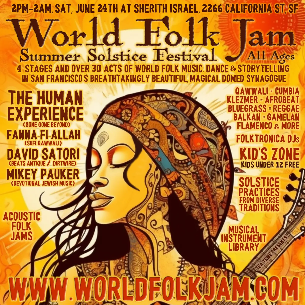 Flyer for Midsummer Magic: World Folk Jam Summer Solstice