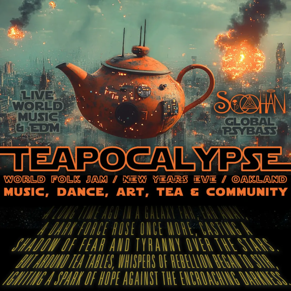 Flyer for Teapocalypse: World Folk Jam on NYE