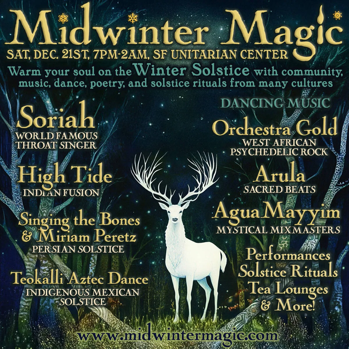 Flyer for Midwinter Magic: World Folk Jam on the Winter Solstice
